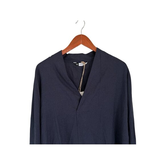 Kidoriman Tunic Linen & Cotton Navy Long Sleeve V-Neck Shirt With Buttoned Cuffs - Picture 2 of 7